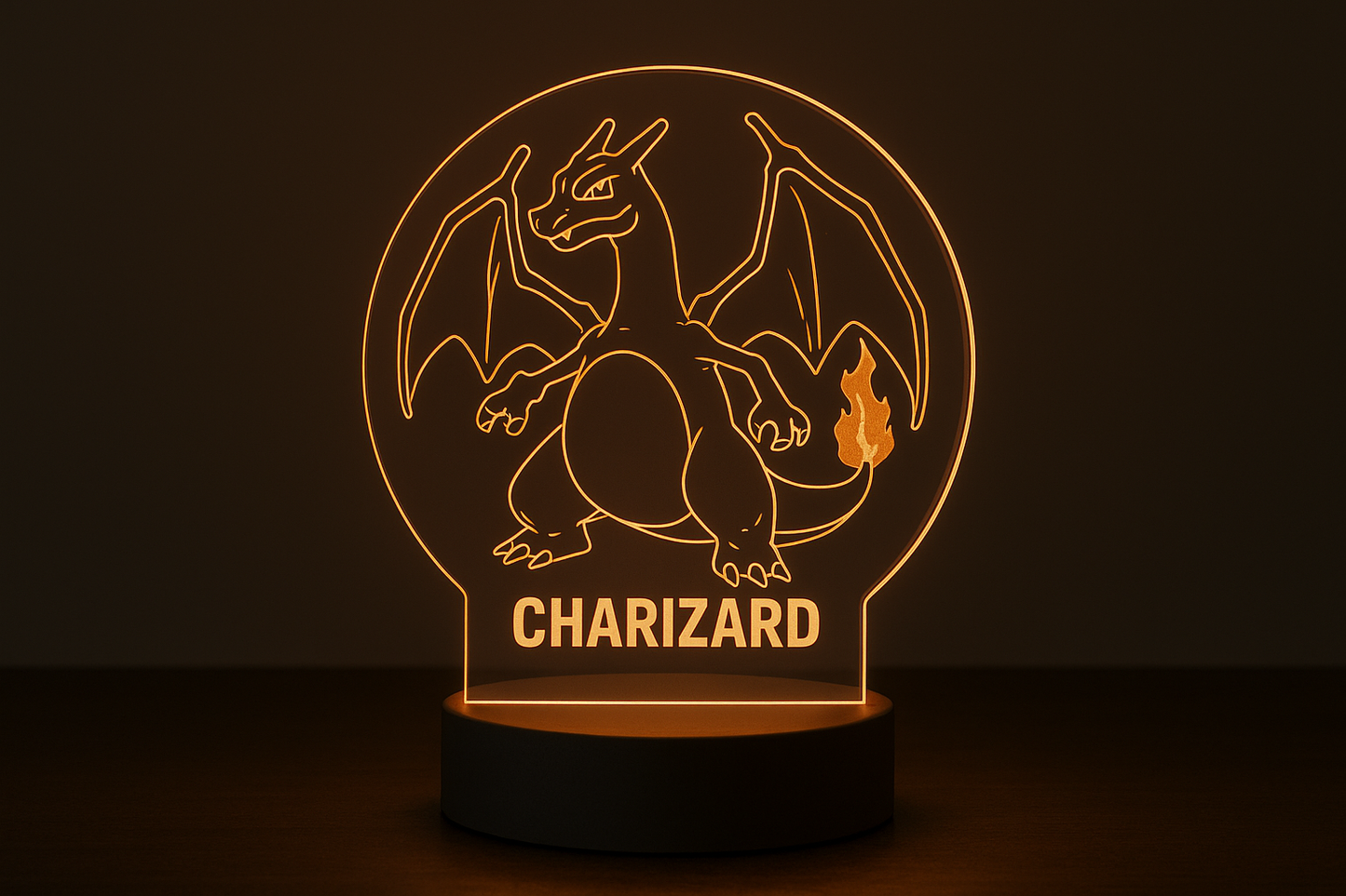 mi fai una lampada con base led e sopra una cerchio di plexiglass con inciso charizard,e inciso anche il suo nome?