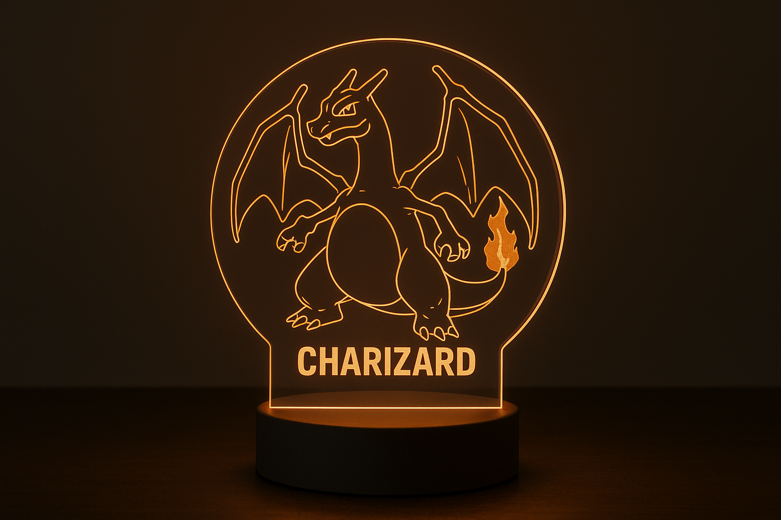 mi fai una lampada con base led e sopra una cerchio di plexiglass con inciso charizard,e inciso anche il suo nome?